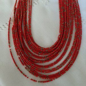 Red Beaded Multi Strand Necklace
